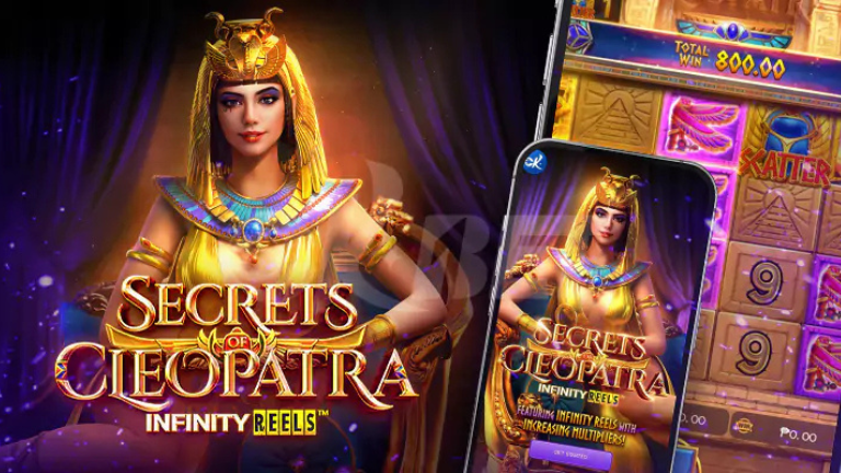 Secrets of Cleopatra slot game featuring golden Egyptian symbols and Cleopatra herself.