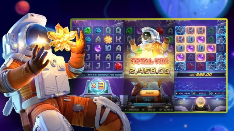 Galactic Gems slot grid featuring vibrant space-themed gems and breaking blocks.