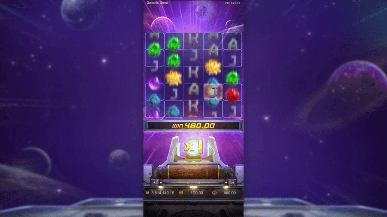 Galactic Gems PG Soft slot showcasing cosmic gems on the reels with space backdrop.